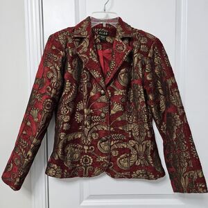 ELCC Blazer Women's Sm Red Gold Floral Tapestry Button Front Lined Jacket EUC